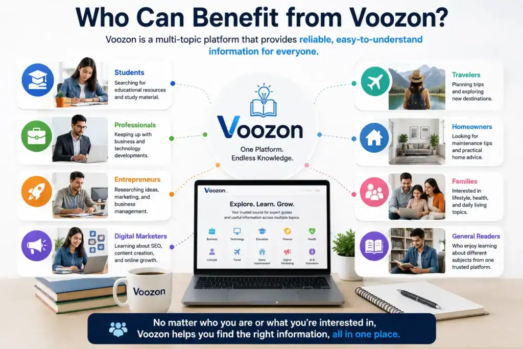 Infographic showing who can benefit from Voozon, including students, professionals, entrepreneurs, digital marketers, travelers, homeowners, families, and general readers. Who Can Benefit from Voozon? | Knowledge Platform for Every Reader